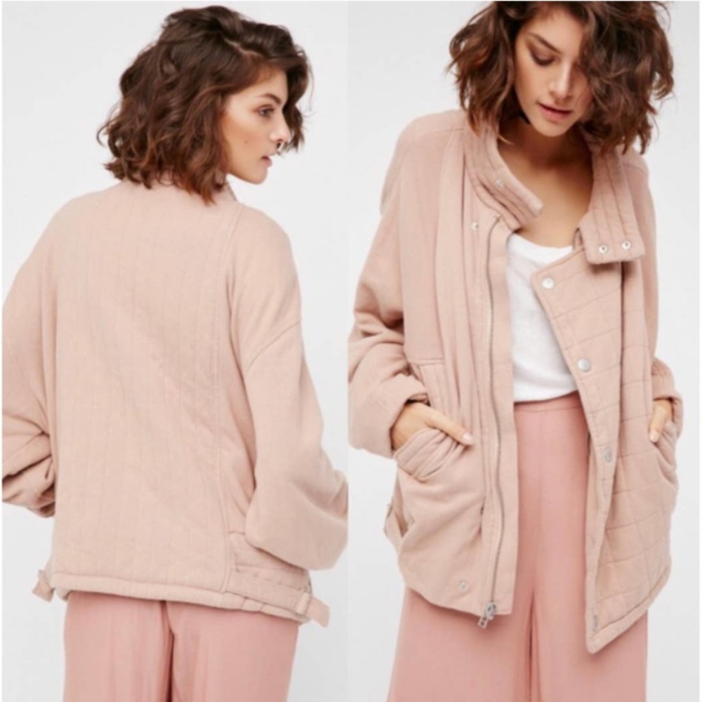 -Free People Oversized Knit Moto Zip Jacket in Rose Pink size M/L